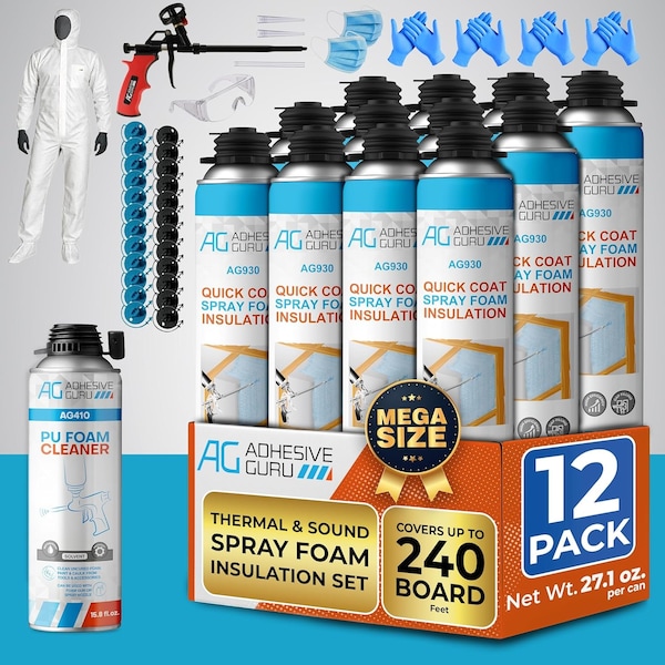 Adhesive Guru AG930S Insulation Foam Set, 12 Pack Spray Foam 32.8 oz. & 1 Foam Dispensing Gun & 1 Foam Cleaner adgr_AG930S_InsFoamSet_12pk