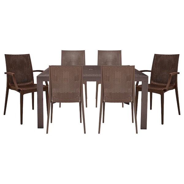 Leisuremod Mace Mid-Century 7-Piece Rectangular Outdoor Dining Set with 4 Side Chairs and 2 Armchairs, Brown MT55MC194A2BR - main