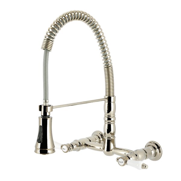 Kingston Brass Double-Handle Wall-Mount Pre-Rinse Bridge Kitchen Faucet, Polished Nickel GS1246BPL - main
