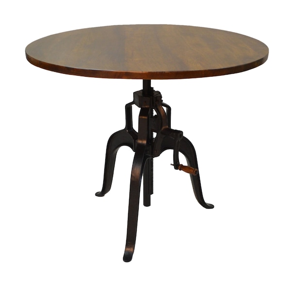 Homeroots Adjustable Height Brown And Black Solid Wood And Iron Pedestal Base Round Top Dining Table 517843 - main