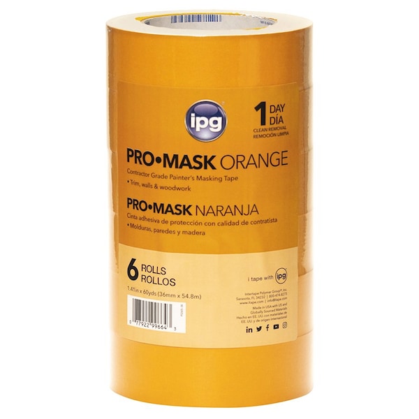Promask Orange 6-Rolls of 1.41in x 60 Yds Intertape PG505 Utility Paper Masking Tape, 1 Contractor pack PG505-36 - main