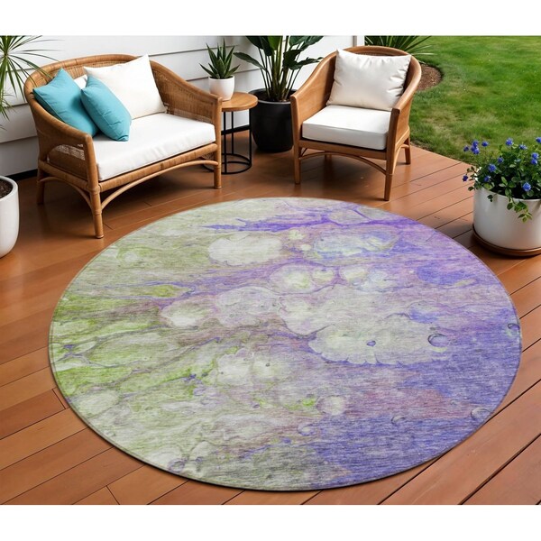 Homeroots 8' Purple Lilac And Artichoke Green Round Abstract Washable Indoor Outdoor Area Rug 582178 - main