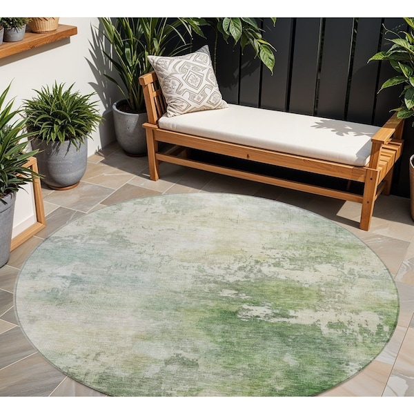 Homeroots 8' Artichoke Green And Ivory Round Abstract Washable Indoor Outdoor Area Rug 605502 - main