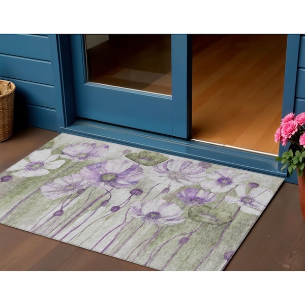 Homeroots 3' X 5' Purple And Lavender Floral Washable Indoor Outdoor Area Rug 582764 - main