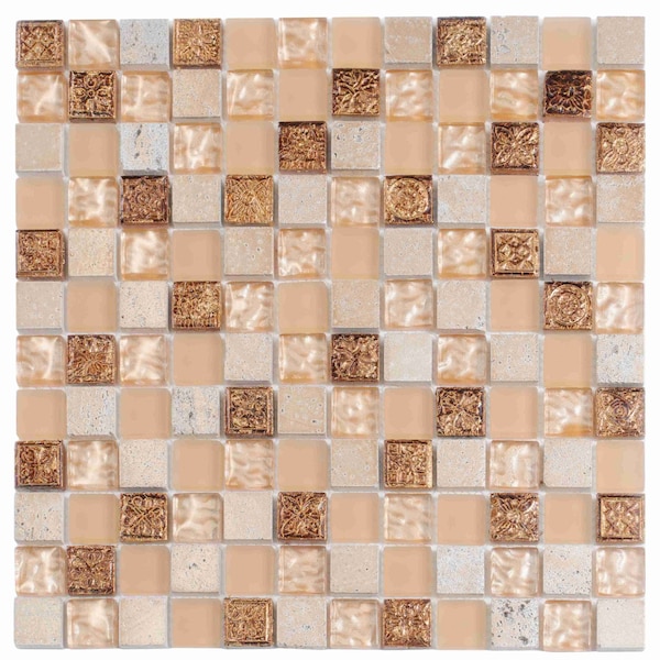Apollo Tile Beige 11.7 in x 11.7 in Glass, Resin, Stone Glossy Floor and Wall Mosaic Tile 4.75 sqft/case, 5PK APLBDA882321A - main