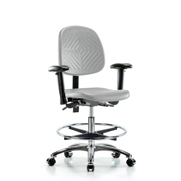 Blue Ridge Ergonomics Poly Chair Chrome-Med Bench Ht with Med Back, Seat Tilt, Adj Arms, Chrome FR, &Casters in Gray Poly PMBCH-MB-CR-T1-A1-CF-CC-GRY - main