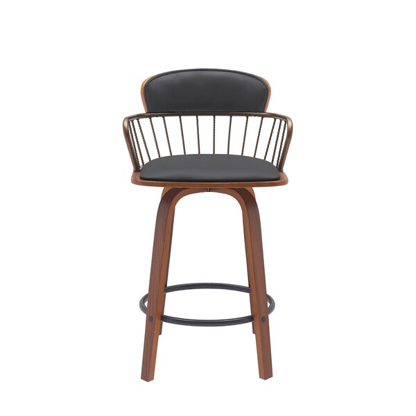 Homeroots 26" Black And Wood Brown Faux Leather Swivel Low Back Counter Height Bar Chair 534442 - main