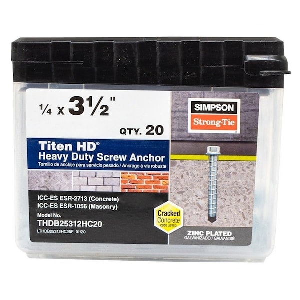 Simpson Strong-Tie Titen HD Heavy-Duty Screw Anchor, 1/4 in Dia, 3-1/2 in L, Carbon Steel, Zinc Plated THDB25312HC20 - main