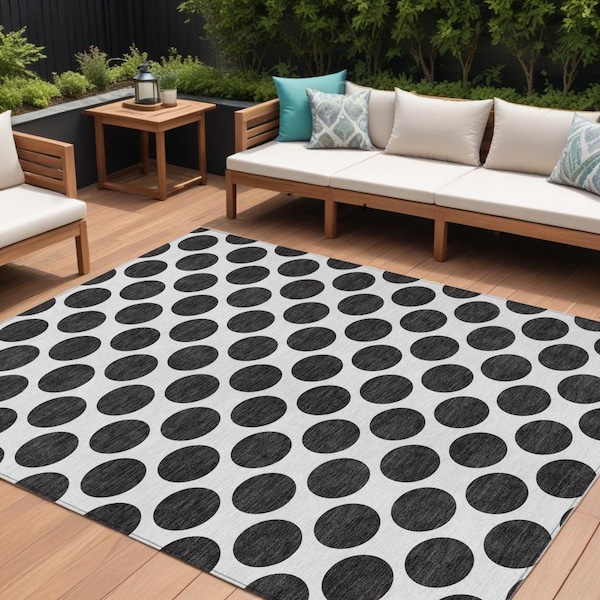 Homeroots 8' X 10' Black And Ivory Polka Dot Washable Indoor Outdoor Area Rug 614872 - main