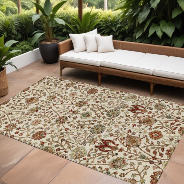 Homeroots 9' X 12' Ivory Brown And Red Floral Washable Indoor Outdoor Area Rug 603423 - main