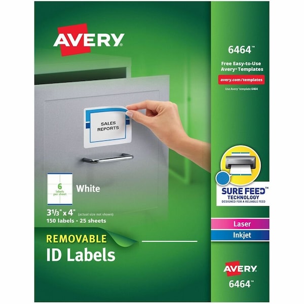 Avery ID Label, 3 21/64" Label W, 6 Labels per Sheet White 6464 - main