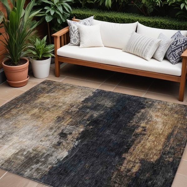 Homeroots 9' X 12' Charcoal Tan And Beige Abstract Washable Indoor Outdoor Area Rug 606096 - main