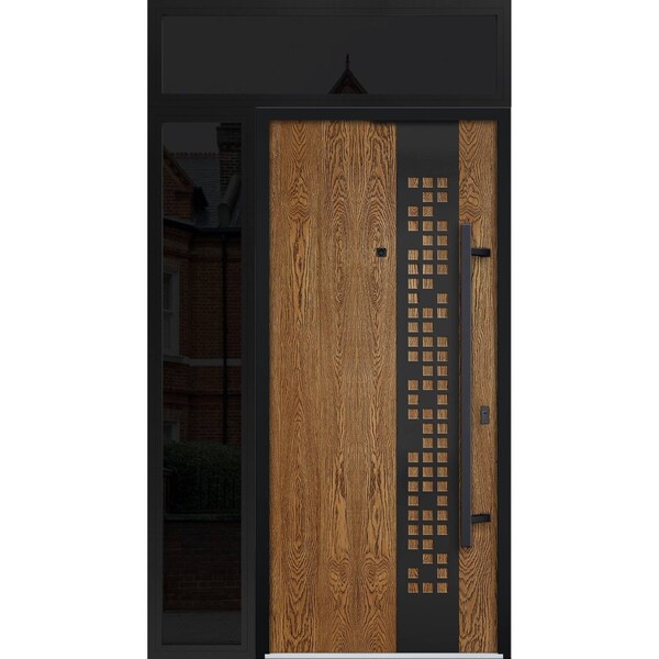 Vdomdoors Steel Door Deux 6678 Natural Oak Sidelight and Transom Window Sidelite Entry Door Painted W36+12xH8 DEUX6678EXD-OAK-W36+12 x H80+16-LH-I - main