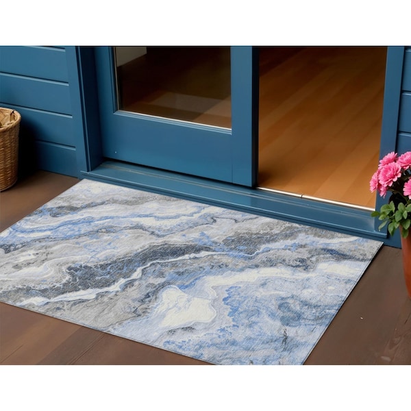Homeroots 3' X 5' Blue And Silver Abstract Washable Indoor Outdoor Area Rug 618418 - main