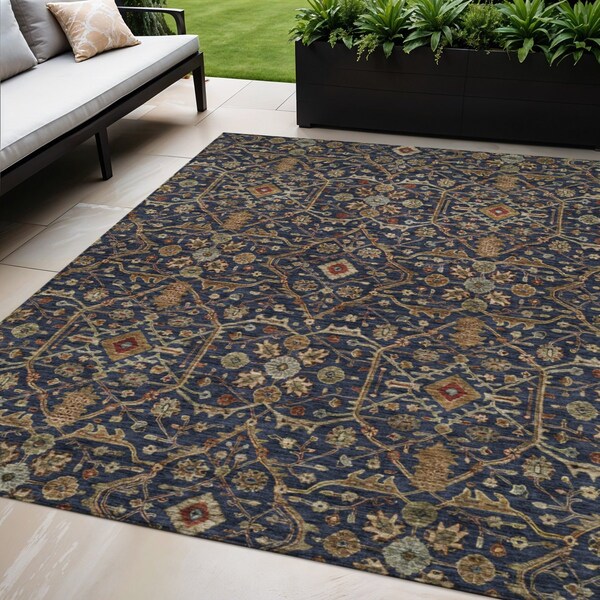 Homeroots 5' X 8' Navy Blue Brown And Red Floral Washable Indoor Outdoor Area Rug 604602 - main