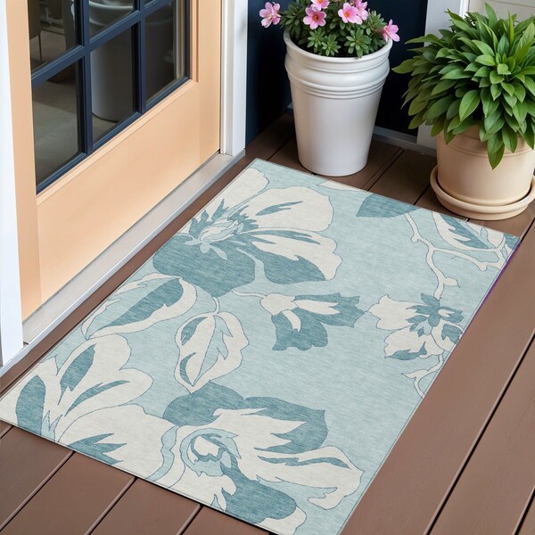 Homeroots 3' X 5' Teal Blue Aqua And Ivory Floral Washable Indoor Outdoor Area Rug 589572 - main