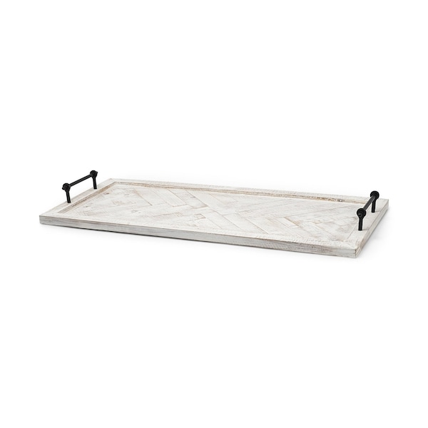 Homeroots 35in White and Natural Wood Indoor Outdoor Tray With Handles 376044 - main