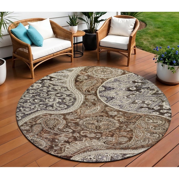 Homeroots 8' Brown Beige And Tan Round Floral Medallion Washable Indoor Outdoor Area Rug 603175 - main