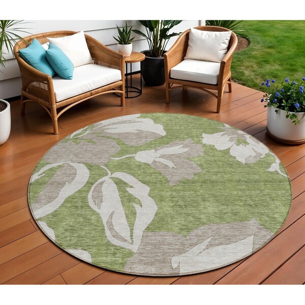 Homeroots 8' Olive Green Taupe And Beige Round Floral Washable Indoor Outdoor Area Rug 589562 - main