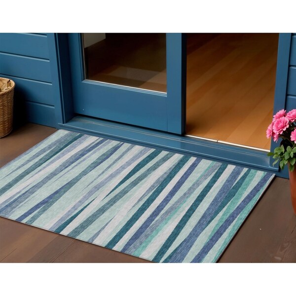 Homeroots 3' X 5' Teal Blue Gray And Ivory Striped Washable Indoor Outdoor Area Rug 597361 - main