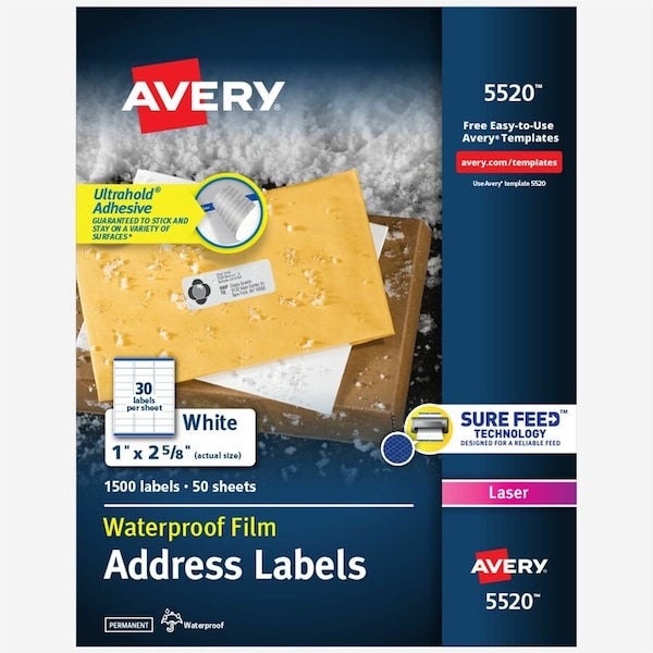 Avery White Weatherproof Laser Shipping Labels, 1 x 2-5/8, 1500/Pack 5520 - main