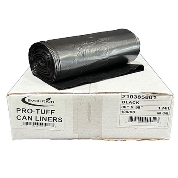 Evolution Heavy-Duty Trash Can Liner 55-60 gal, 38 in x 58 in, 1 Mil, Black, 100PK 210385801 - main