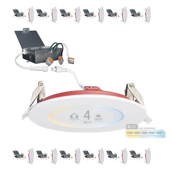 Nuwatt 4 Inch 2 Hour Trim Fire Rated Recessed Lighting, Canless LED Lights 2700K-5000K, 900LM, 12PK NW-P-DL-4-12W-5CT-FR-WH-12P - main