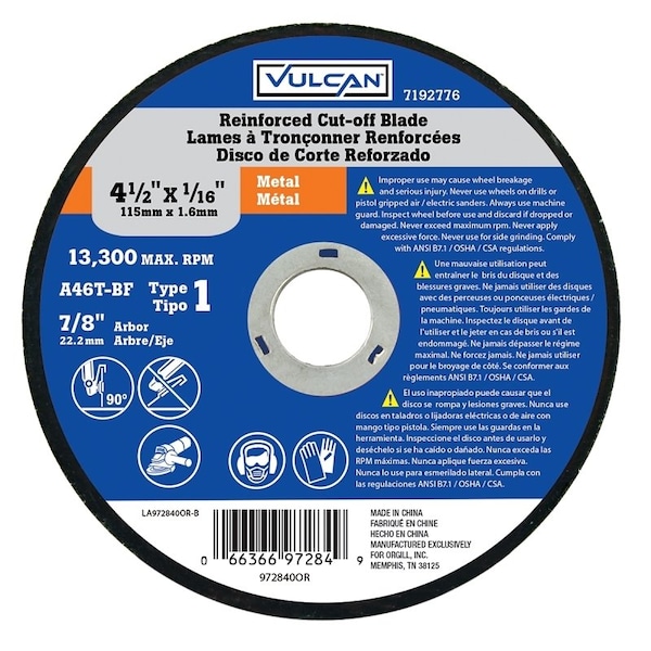Vulcan Abrasive Cut-Off Wheel, 4.5 in Dia, 1/16 in Thick, 7/8 in Arbor Hole Size, Aluminum Oxide 972840OR - main