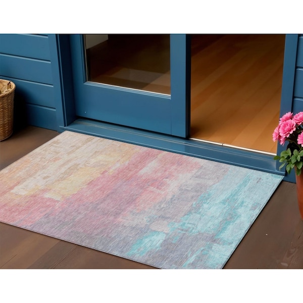 Homeroots 3' X 5' Salmon And Beige Abstract Washable Indoor Outdoor Area Rug 610961 - main