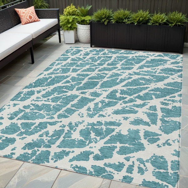 Homeroots 5' X 8' Teal Abstract Washable Non Skid Indoor Outdoor Area Rug 559329 - main