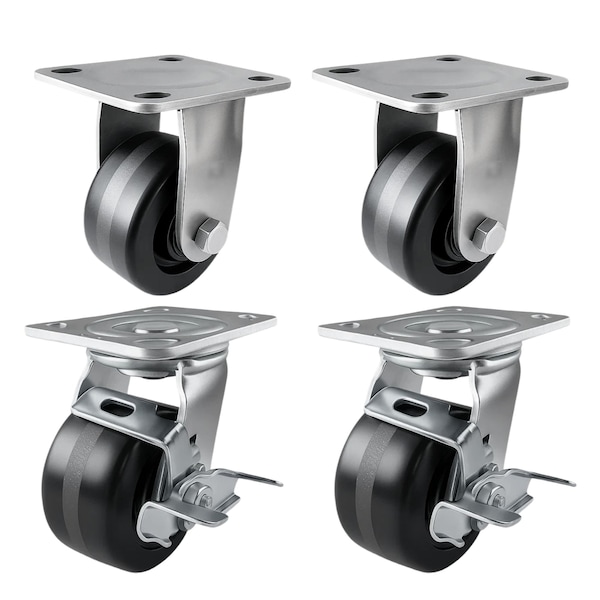 Hyw Products Heavy Duty Caster Set 4in Phenolic Wheels, 2 Rigid & 2 Swivel with Brake, 4PK 40-40R-A1-PH-2,40-40S-A1-PH-TB-2 - main