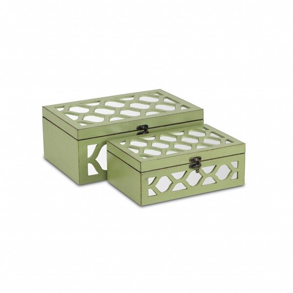 Homeroots Set of Two Green Mirrored Glass And Solid Wood Box With Lid, 2PK 399681 - main