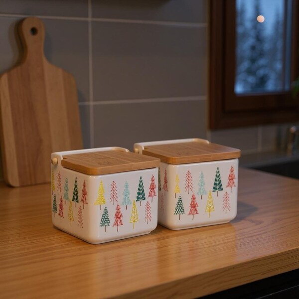Homeroots Set of Two White Green And Red Ceramic And Wood Christmas Lidded Canisters 638948 - main
