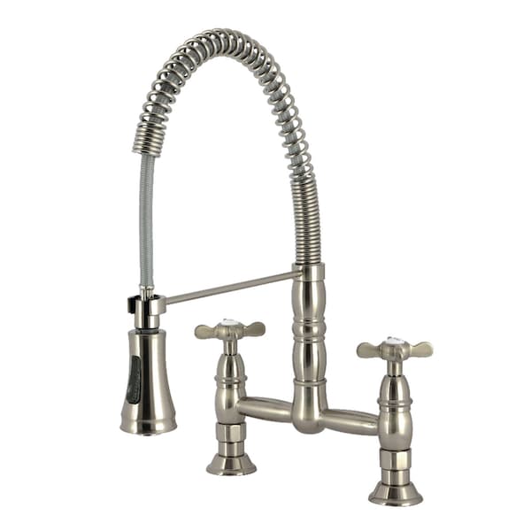 Kingston Brass Double-Handle Deck-Mount Pre-Rinse Bridge Kitchen Faucet, Brushed Nickel GS1278BEX - main