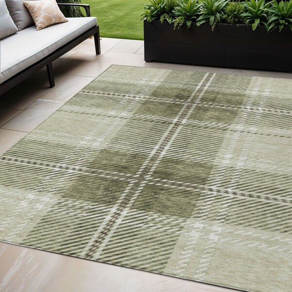 Homeroots 5' X 8' Artichoke Green Brown And Ivory Plaid Washable Indoor Outdoor Area Rug 596304 - main