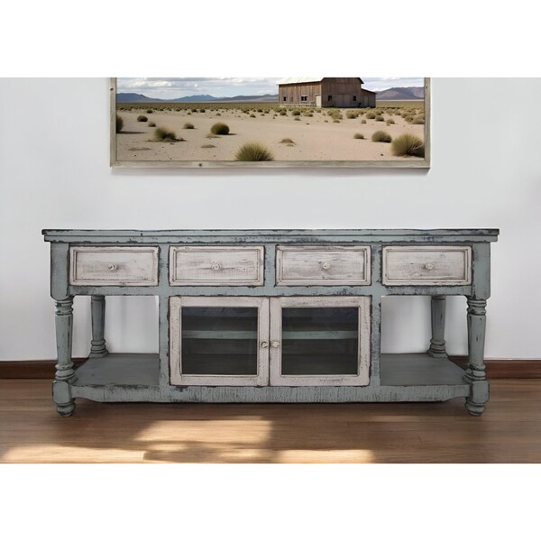 Homeroots 70" Blue and White Solid Wood Open shelving Distressed TV Stand 528736 - main