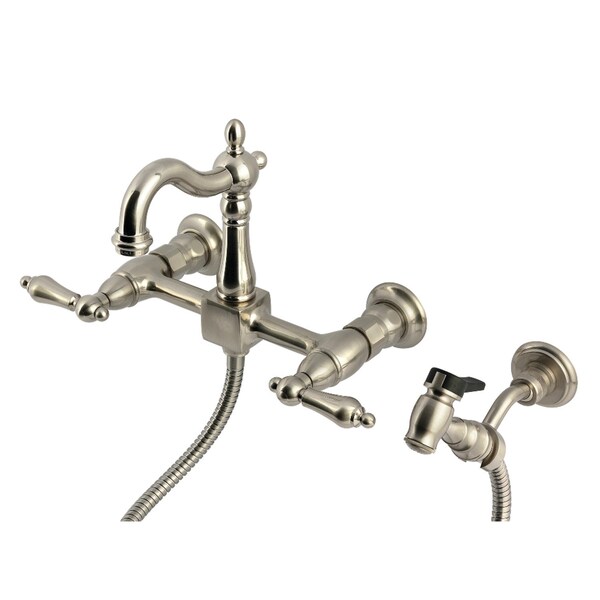 Kingston Brass Two-Handle Wall Mount Bridge Kitchen Faucet with Brass Sprayer, Brushed Nickel KS2448ALBS - main