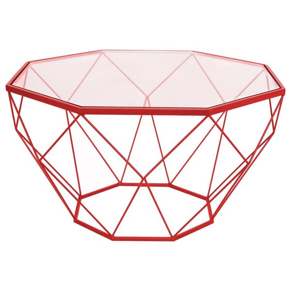 Leisuremod Malibu Large Modern Octagon Glass Top Coffee Table with Geometric Base, Red MD31R - main