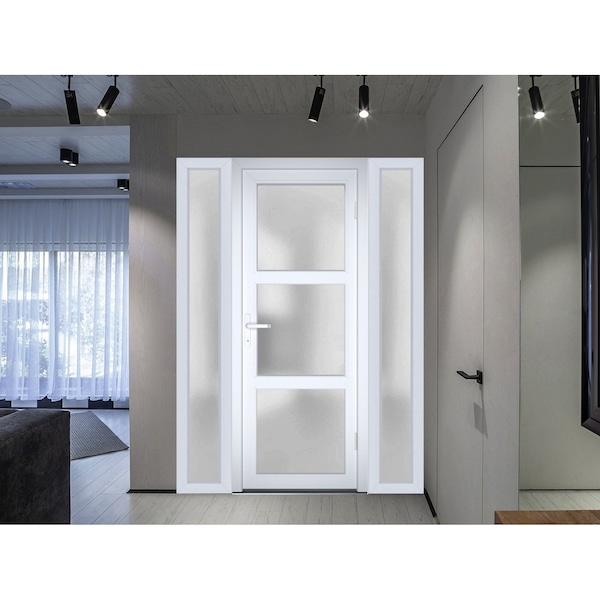 Vdomdoors Front Exterior Prehung FiberGlass Door Frosted Glass / Manux 8552 White Silk / 2 Sidelight Exterior MANUX8552EXD-WS-W16+36+16 x H80-RH - main