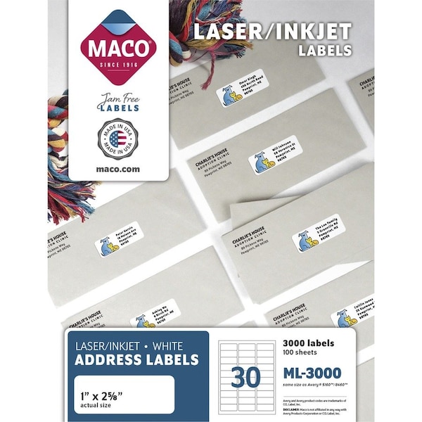 Maco Tag & Label Maco White All-Purpose Labels, 1 x 2-5/8, 3000/Box ML3000 - main