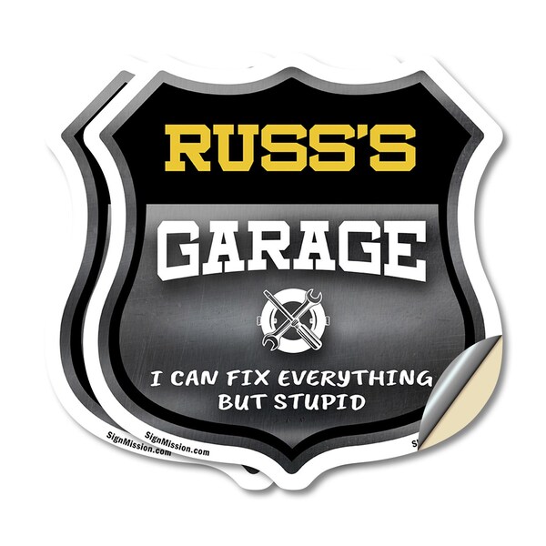 Signmission Russ's Garage I Can Fix Everything But Stupid, 4 inch X 4 inch, Vinyl Decal, 2PK SHI-D-2PACK-4-490-RUSS - main