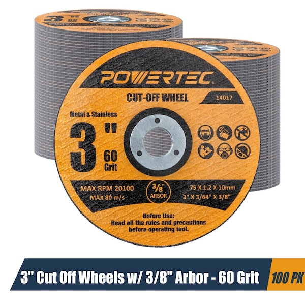 Powertec 3" Metal Cut Off Wheels, Iridium-Coated Aluminum Oxide 60 Grit, 1/16" Thick with 3/8" Arbor, 100PK 14017-P2 - main