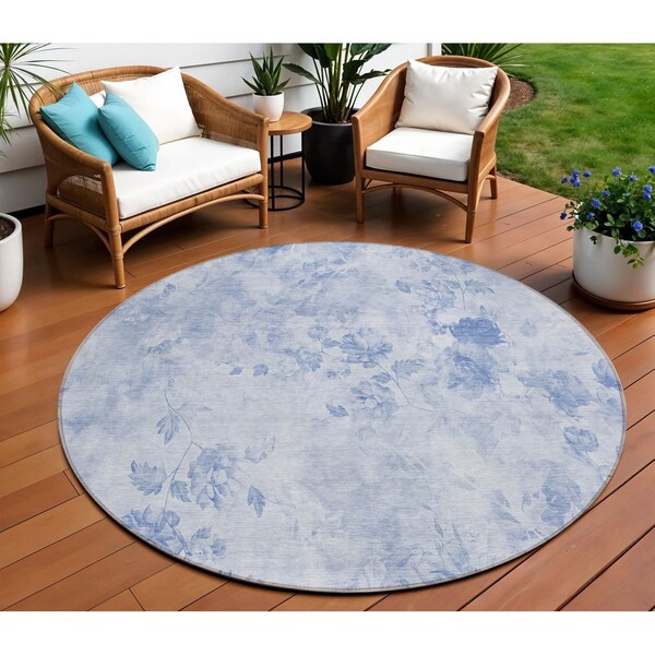 Homeroots 8' Sky Blue And Denim Blue Round Floral Washable Indoor Outdoor Area Rug 583132 - main