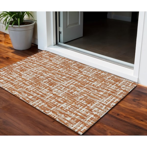 Homeroots 3' X 5' Terra Cotta Tan And Ivory Abstract Washable Indoor Outdoor Area Rug 602533 - main