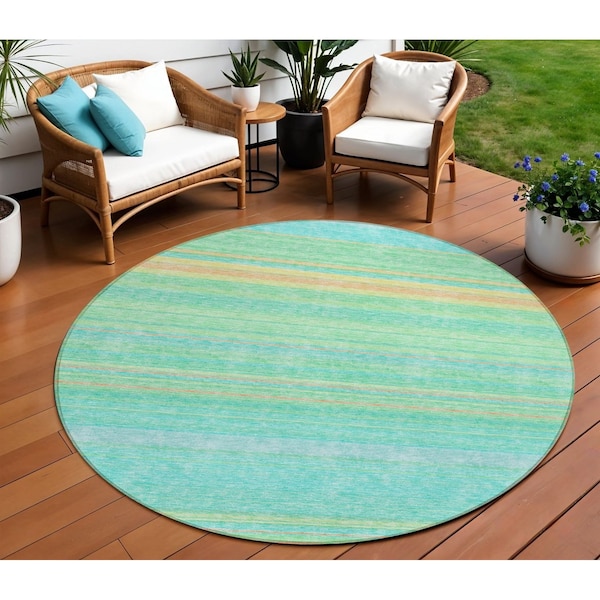 Homeroots 8' Aqua Green And Yellow Round Striped Washable Indoor Outdoor Area Rug 614793 - main
