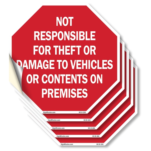 Signmission Not Responsible for Theft or Damage, 4 inch X 4 inch, Vinyl Decal, 5PK OC-D-5PACK-4-106 - main