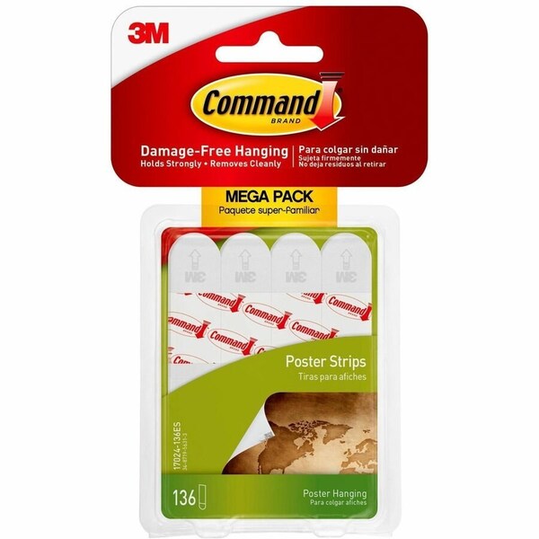 Command Poster Strips, Removable, Holds Up to 1 lb per Pair, 0.63 x 1.75, White, 136PK MMM17024136ES - main