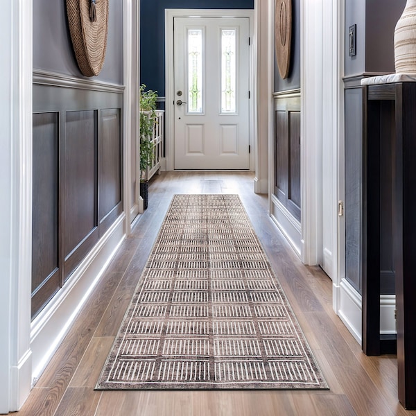 World Rug Gallery Bohemian Stripe Lines Washable Non Slip Runner Rug 2 ft x 10 ft Brown WR68BROWN2X10 - main
