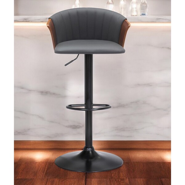 Homeroots Gray and Black Faux Leather with Metal Swivel Adjustable Height Bar Chair 534427 - main