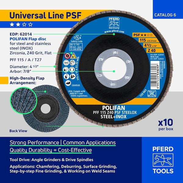 Pferd Flap Disc, 4-1/2" x 7/8, Z PSF STEELOX, 40 Grit, T27, Flat, Zirconia 62014 - main